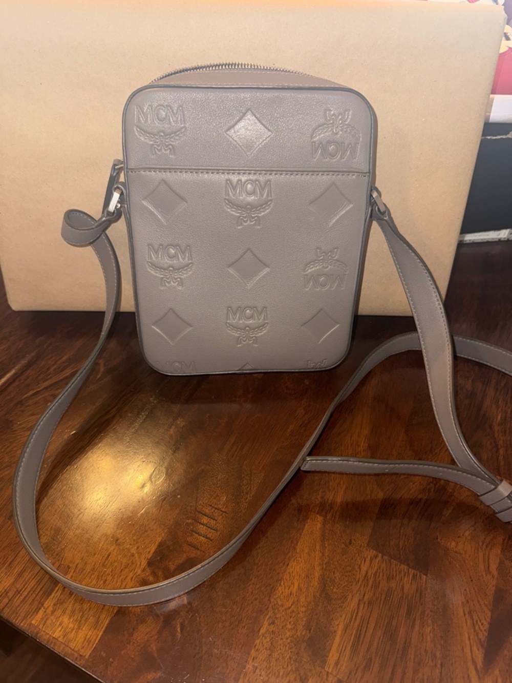 MCM Embossed Leather Crossbody Bag in Taupe Gray
